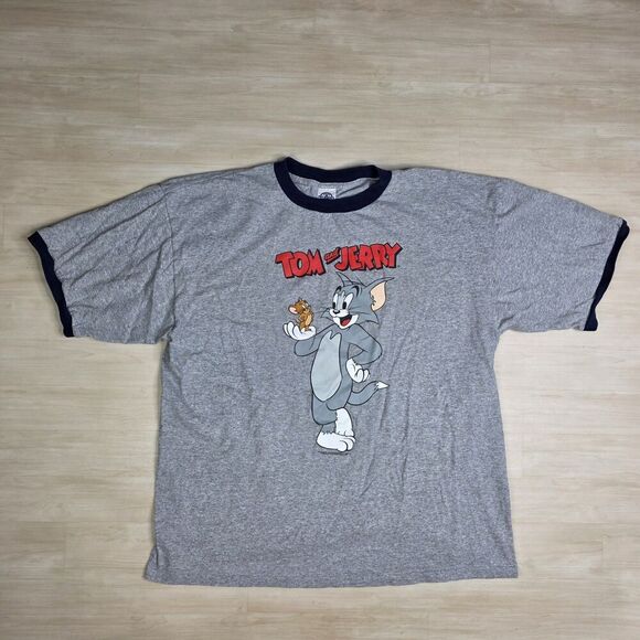 Vintage Tom and Jerry Gray Ringer Cartoon Cat & Mouse T Shirt Men's Size XL - Picture 1 of 6